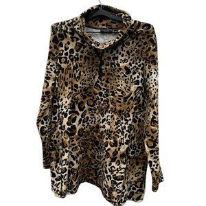 Susan Graver Weekend Printed French Terry Mock Neck Tunic L Pullover Leopard